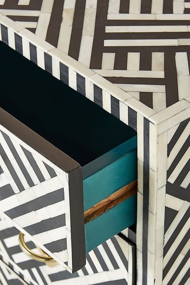 Bone Inlay Chest of 3 Drawers Stripe Line Design in Black Color thumbnail 2