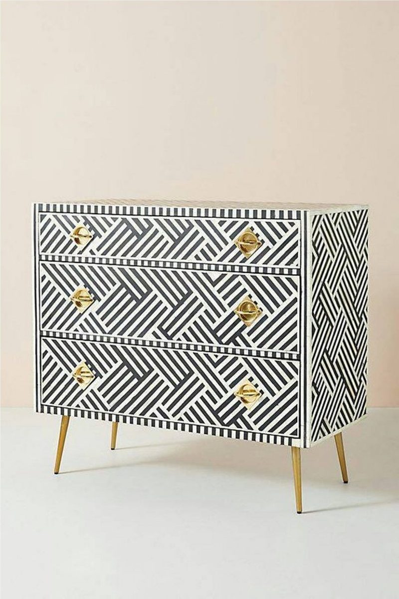 Bone Inlay Chest of 3 Drawers Stripe Line Design in Black Color thumbnail 3