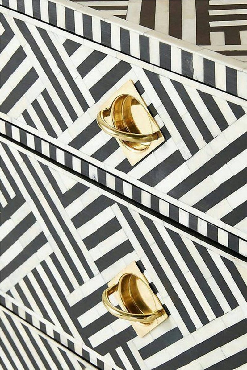 Bone Inlay Chest of 3 Drawers Stripe Line Design in Black Color thumbnail 4