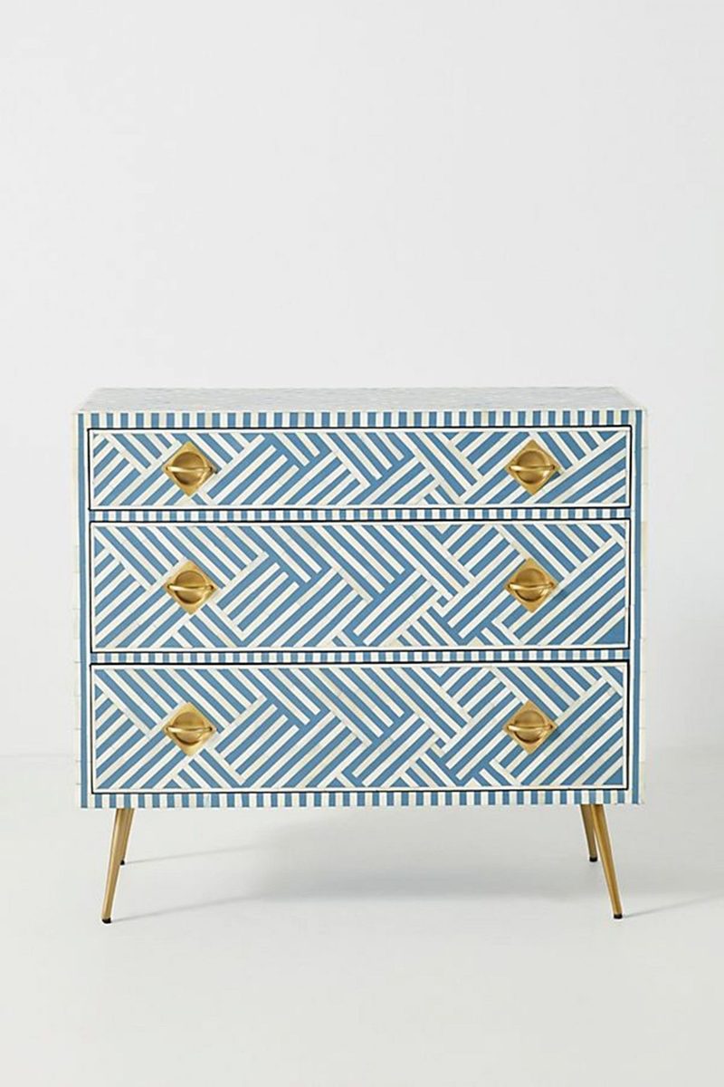 Bone Inlay Chest of 3 Drawers Stripe Line design in Sky Blue Color