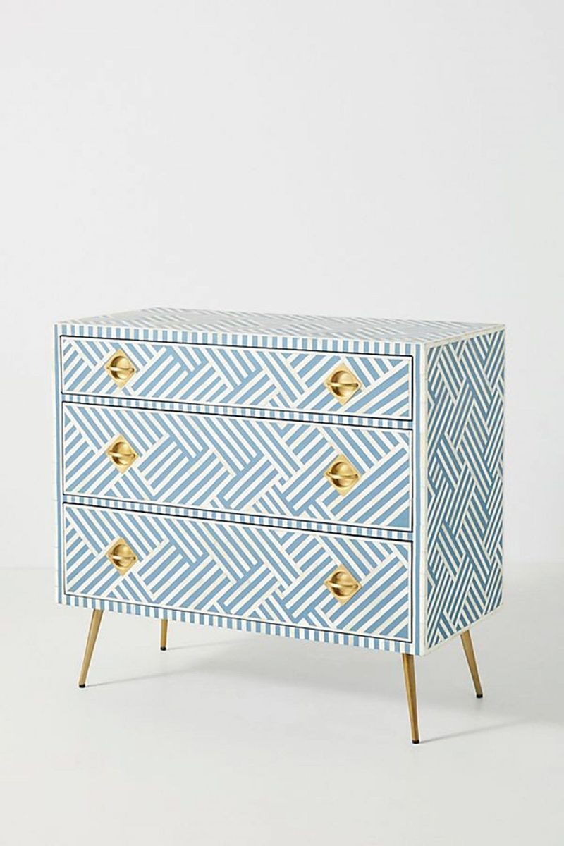 Bone Inlay Chest of 3 Drawers Stripe Line design in Sky Blue Color thumbnail 2