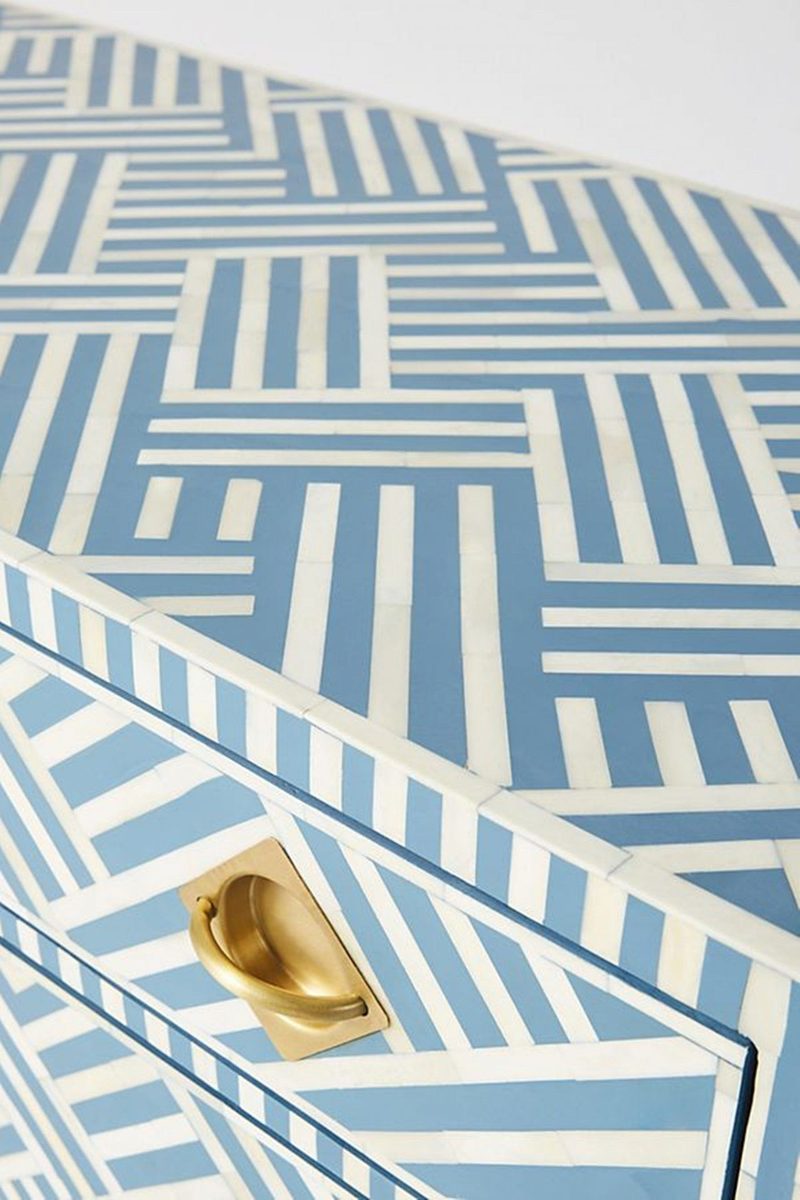Bone Inlay Chest of 3 Drawers Stripe Line design in Sky Blue Color thumbnail 3