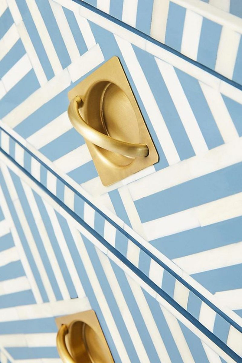 Bone Inlay Chest of 3 Drawers Stripe Line design in Sky Blue Color thumbnail 4