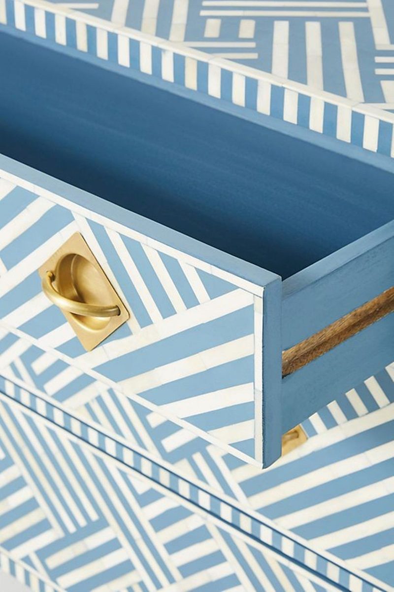 Bone Inlay Chest of 3 Drawers Stripe Line design in Sky Blue Color thumbnail 5