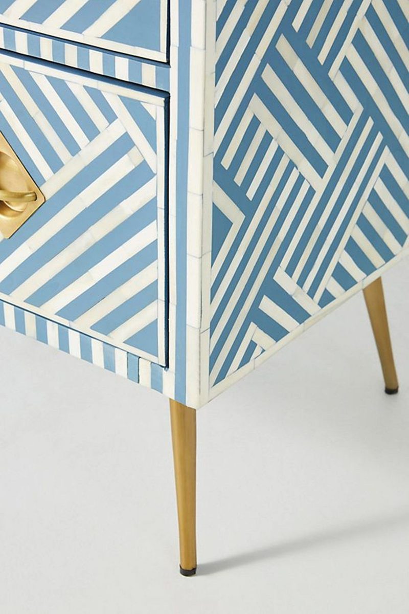 Bone Inlay Chest of 3 Drawers Stripe Line design in Sky Blue Color thumbnail 6