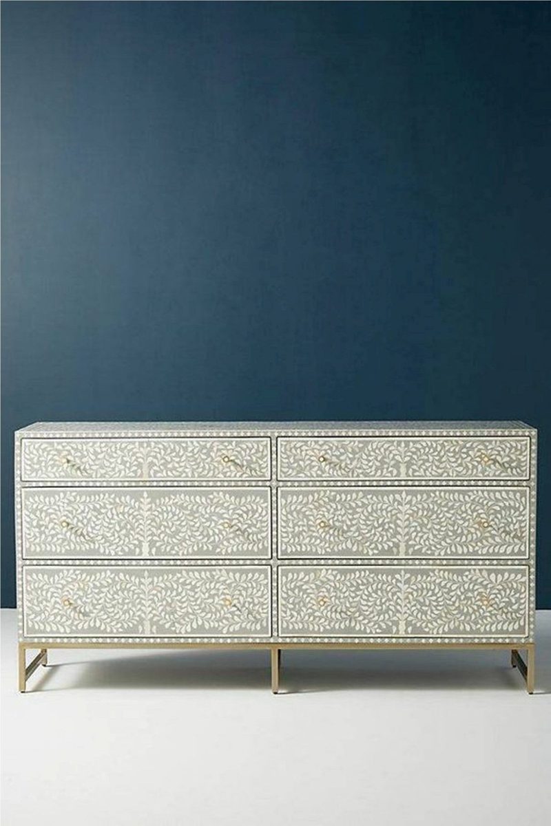 Bone Inlay Chest of 6 Drawers Floral Design in Grey Color
