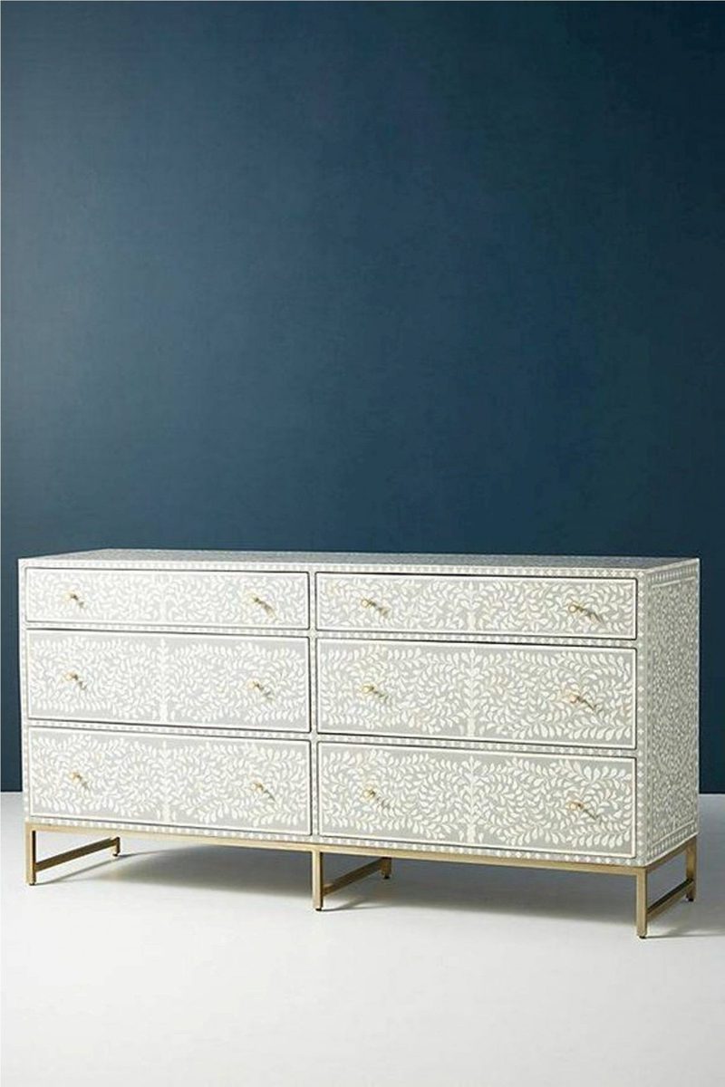 Bone Inlay Chest of 6 Drawers Floral Design in Grey Color thumbnail 2