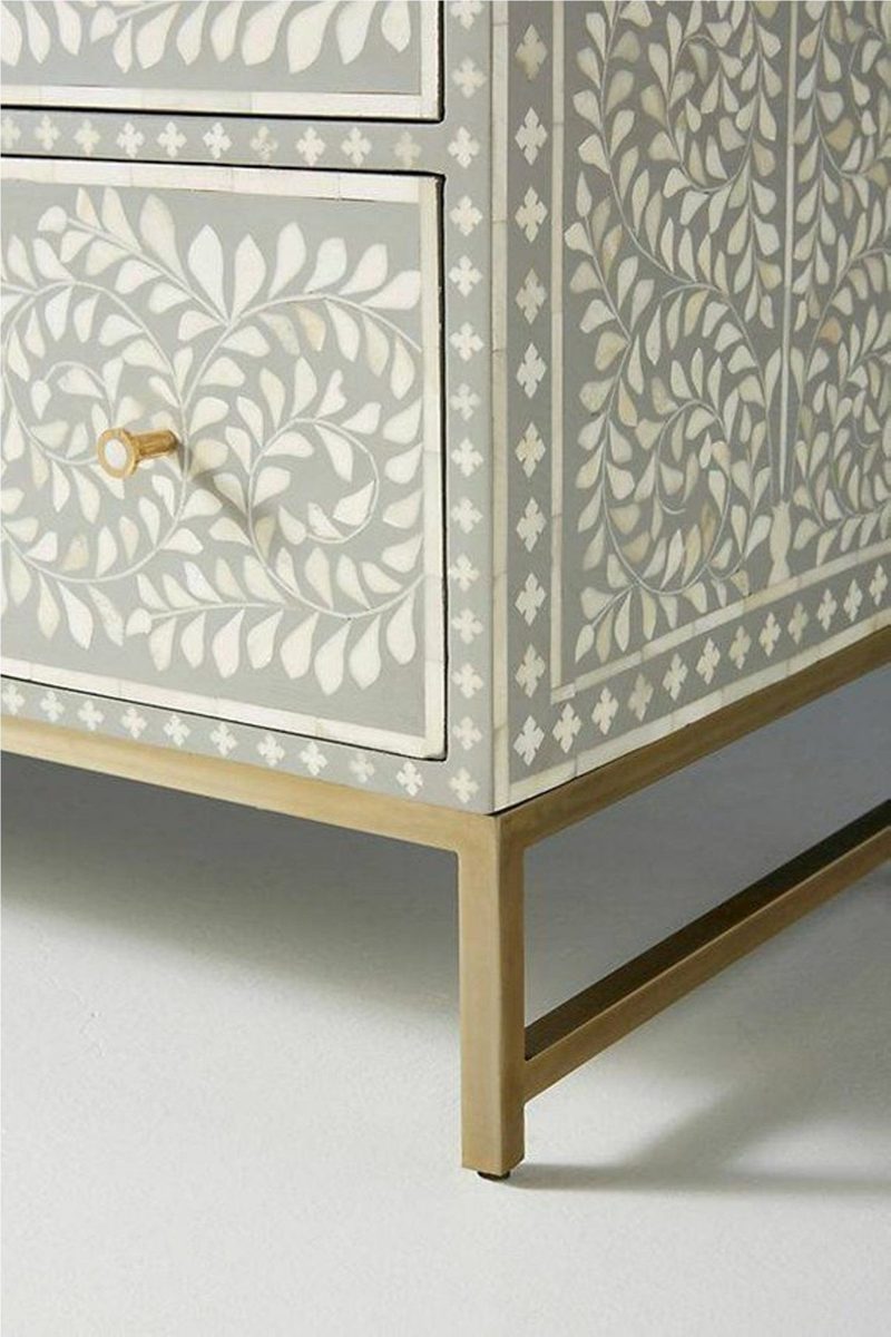 Bone Inlay Chest of 6 Drawers Floral Design in Grey Color thumbnail 3