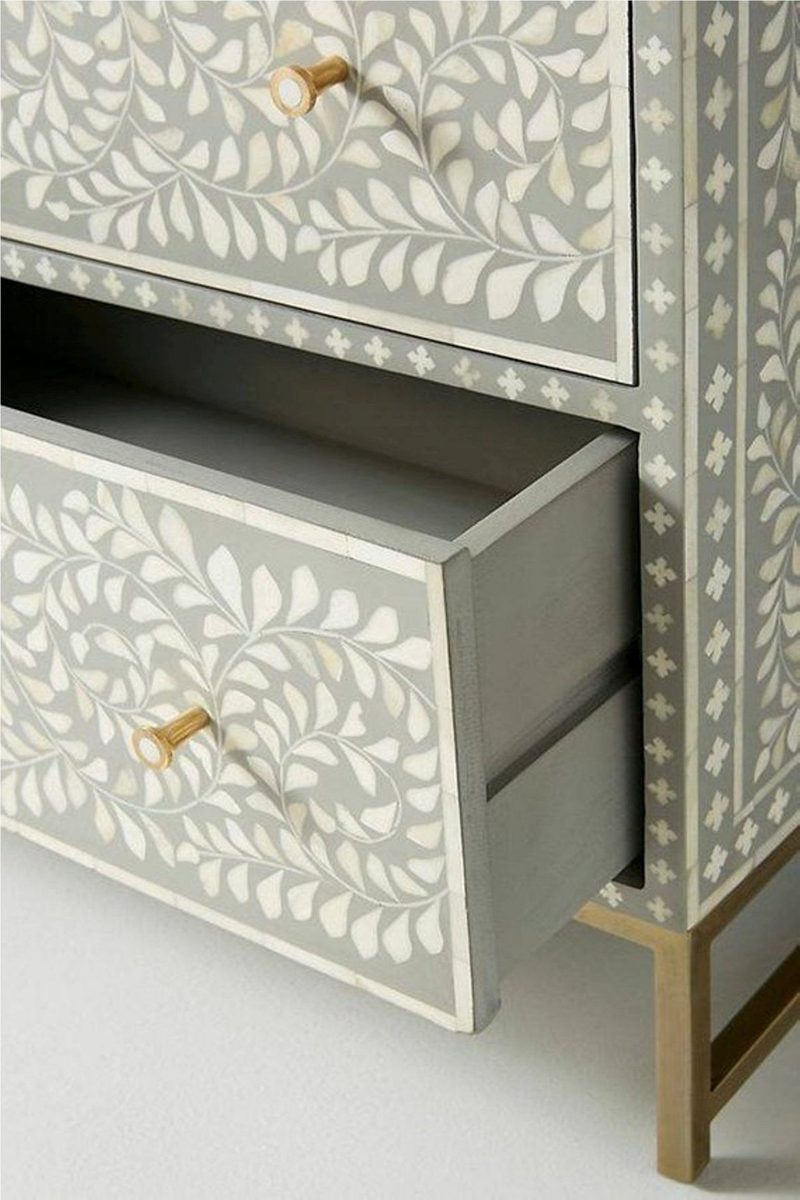 Bone Inlay Chest of 6 Drawers Floral Design in Grey Color thumbnail 4