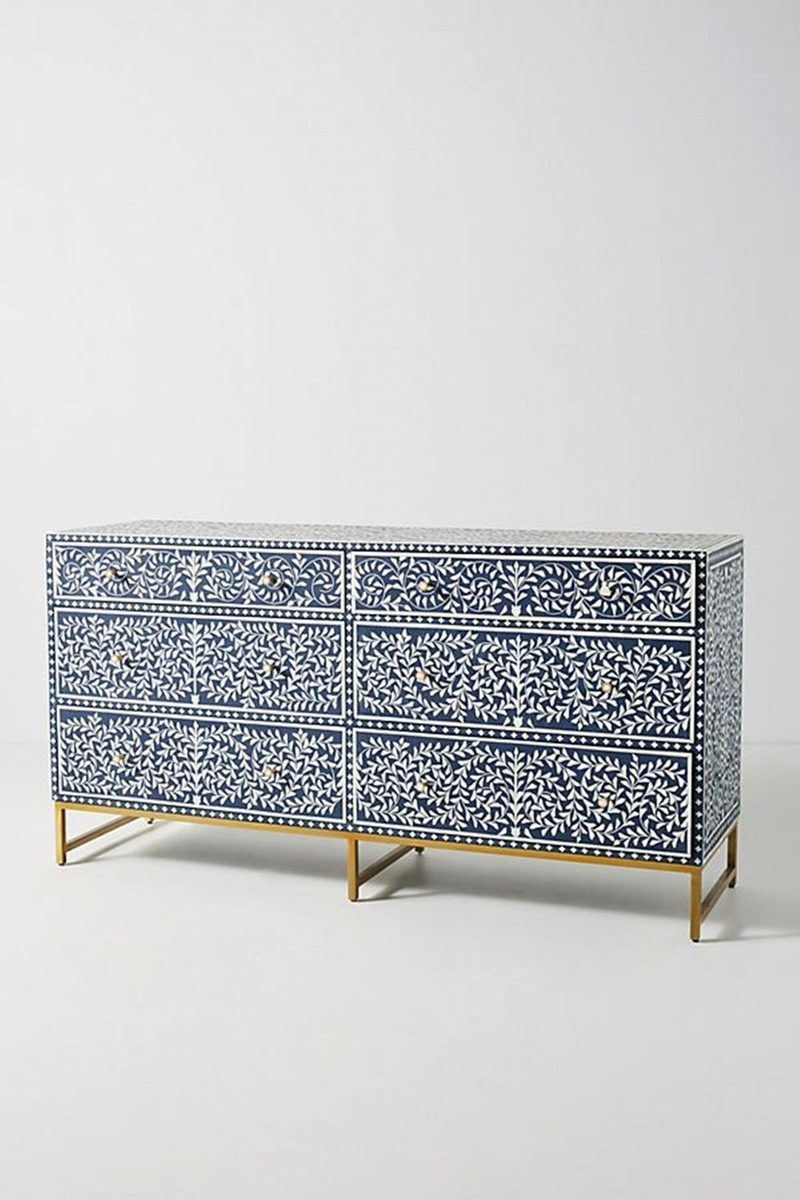Bone Inlay Chest of 6 Drawers Floral Design in Indigo Blue Color thumbnail 2