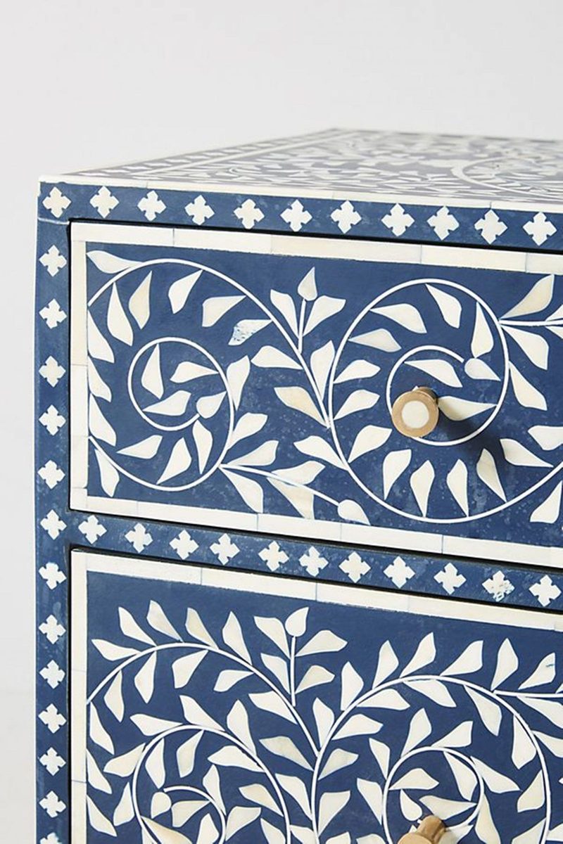 Bone Inlay Chest of 6 Drawers Floral Design in Indigo Blue Color thumbnail 3