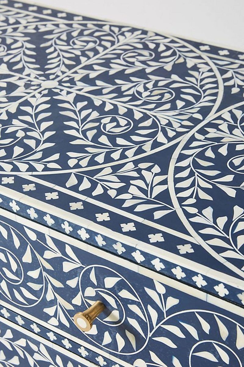 Bone Inlay Chest of 6 Drawers Floral Design in Indigo Blue Color thumbnail 4