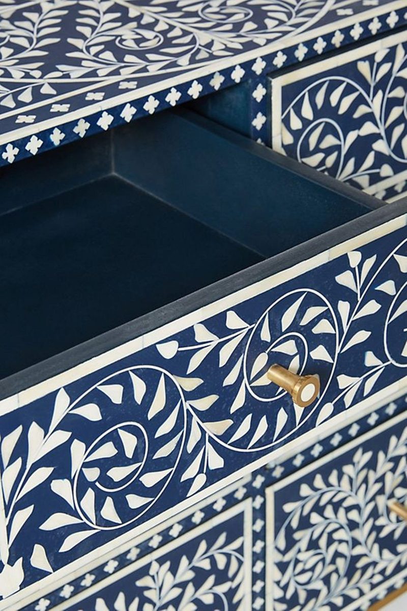 Bone Inlay Chest of 6 Drawers Floral Design in Indigo Blue Color thumbnail 5