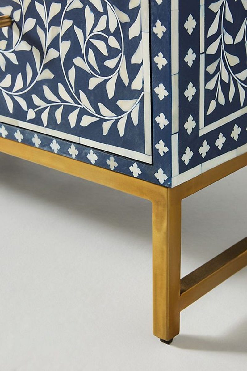 Bone Inlay Chest of 6 Drawers Floral Design in Indigo Blue Color thumbnail 6