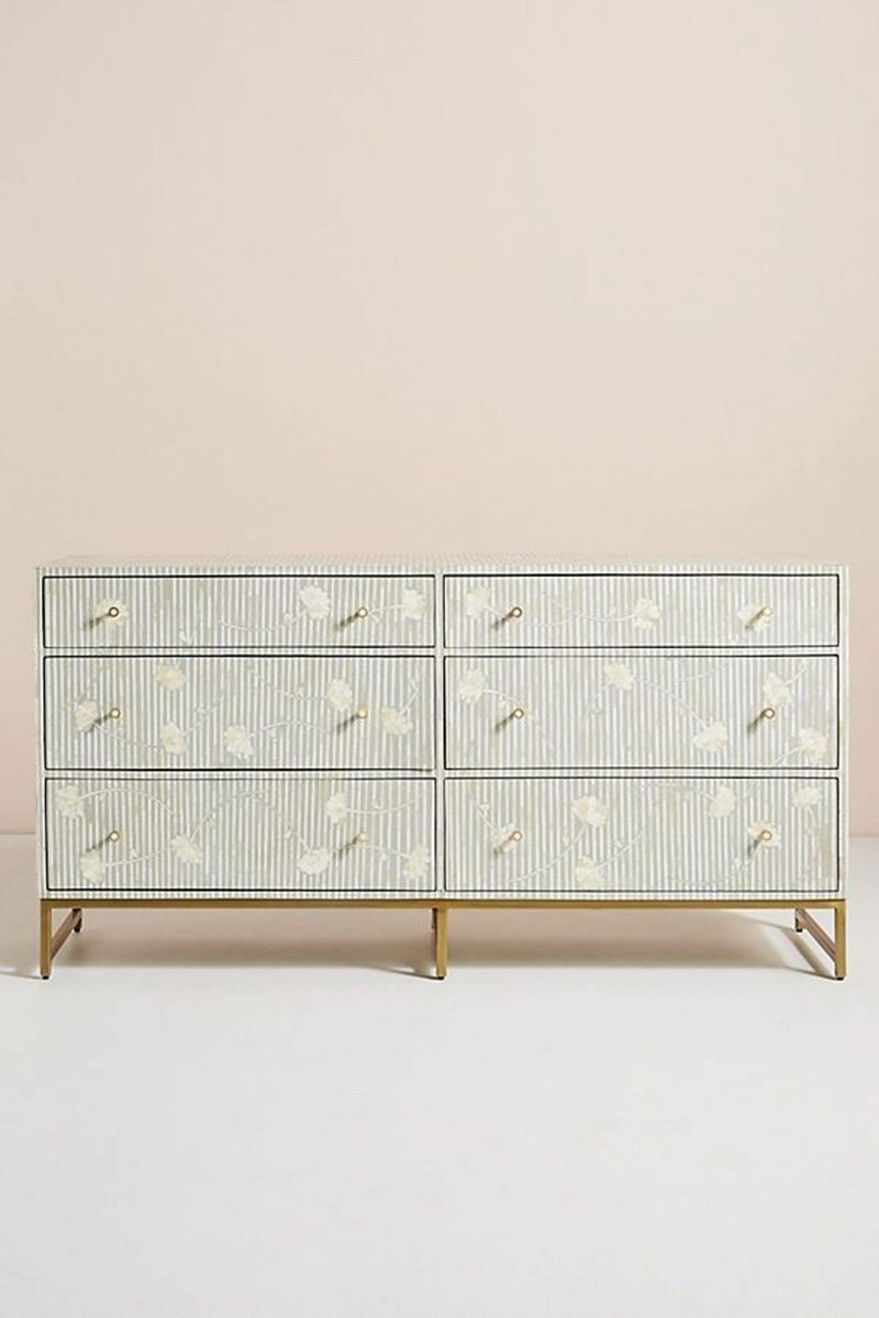 Bone Inlay Chest of 6 Drawers Flower Design Table in Grey Color