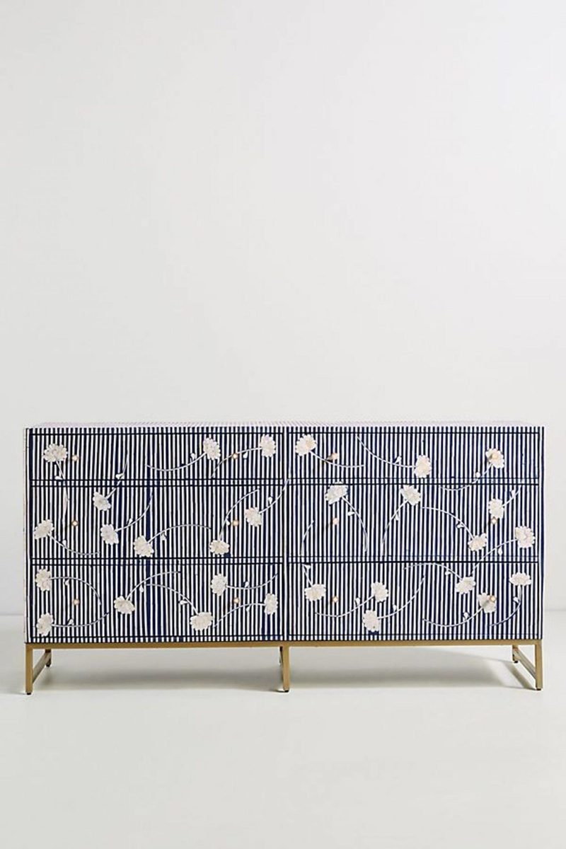 Bone Inlay Chest of 6 Drawers Flower Design Table in Indigo Blue Color