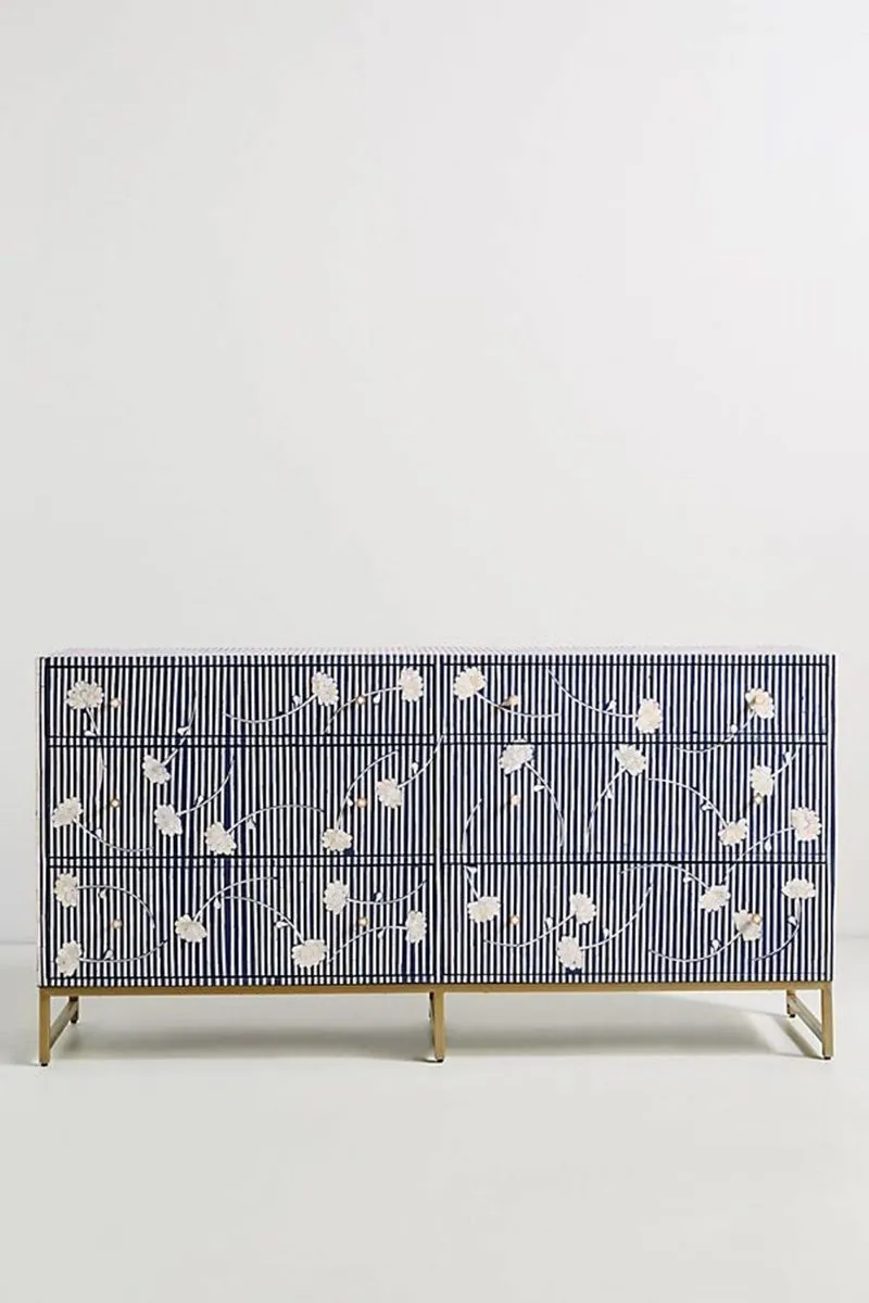 Bone Inlay Chest of 6 Drawers Flower Design Table in Indigo Blue Color