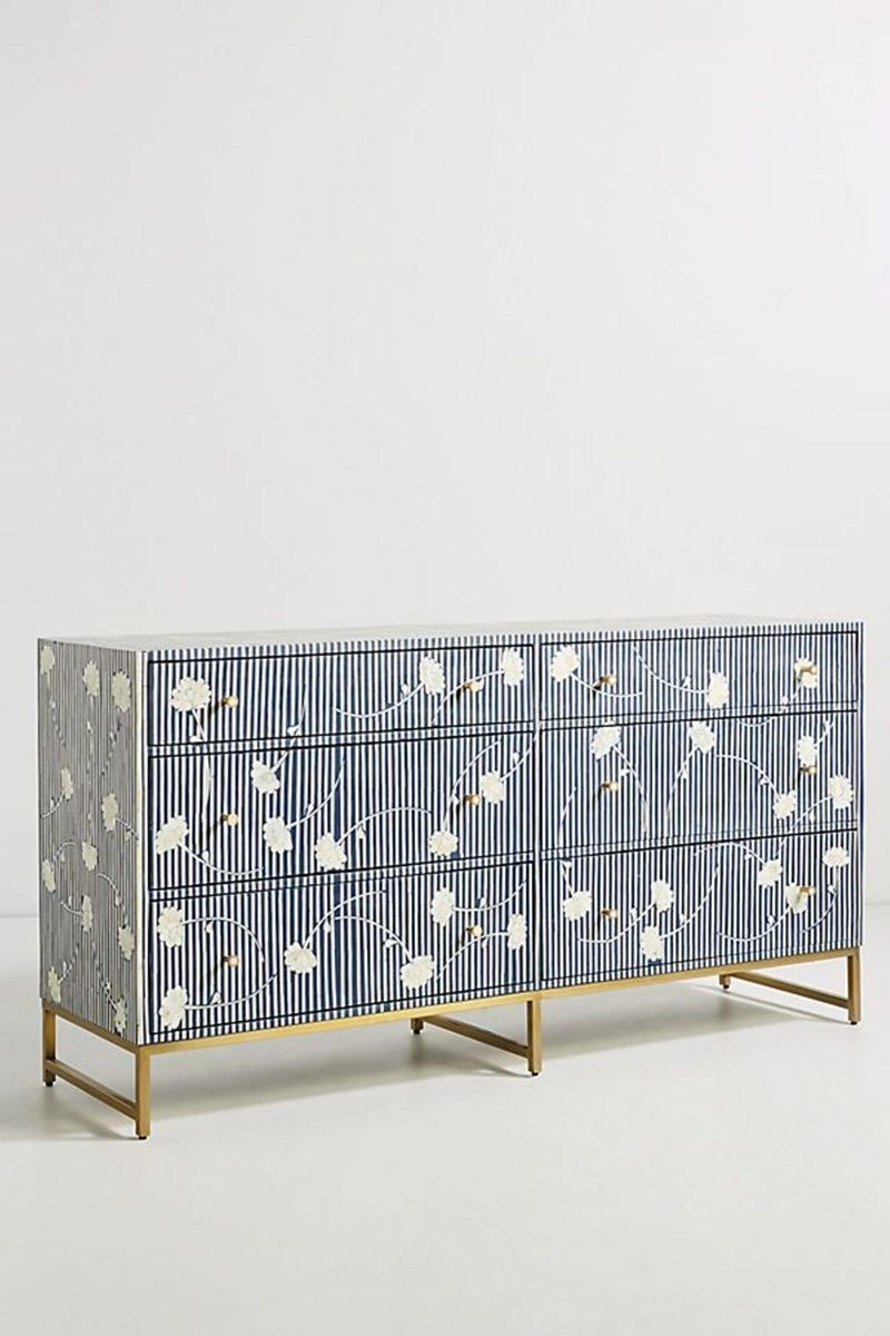Bone Inlay Chest of 6 Drawers Flower Design Table in Indigo Blue Color thumbnail 2