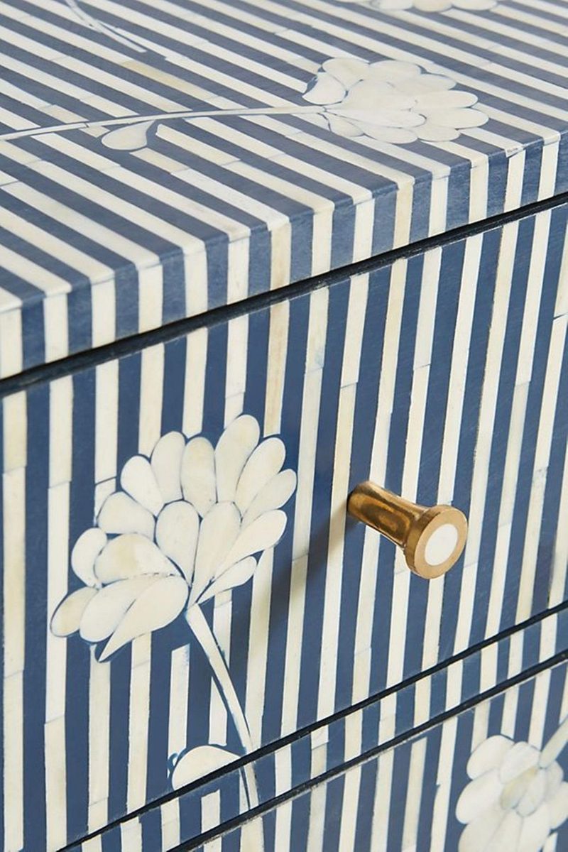 Bone Inlay Chest of 6 Drawers Flower Design Table in Indigo Blue Color thumbnail 3