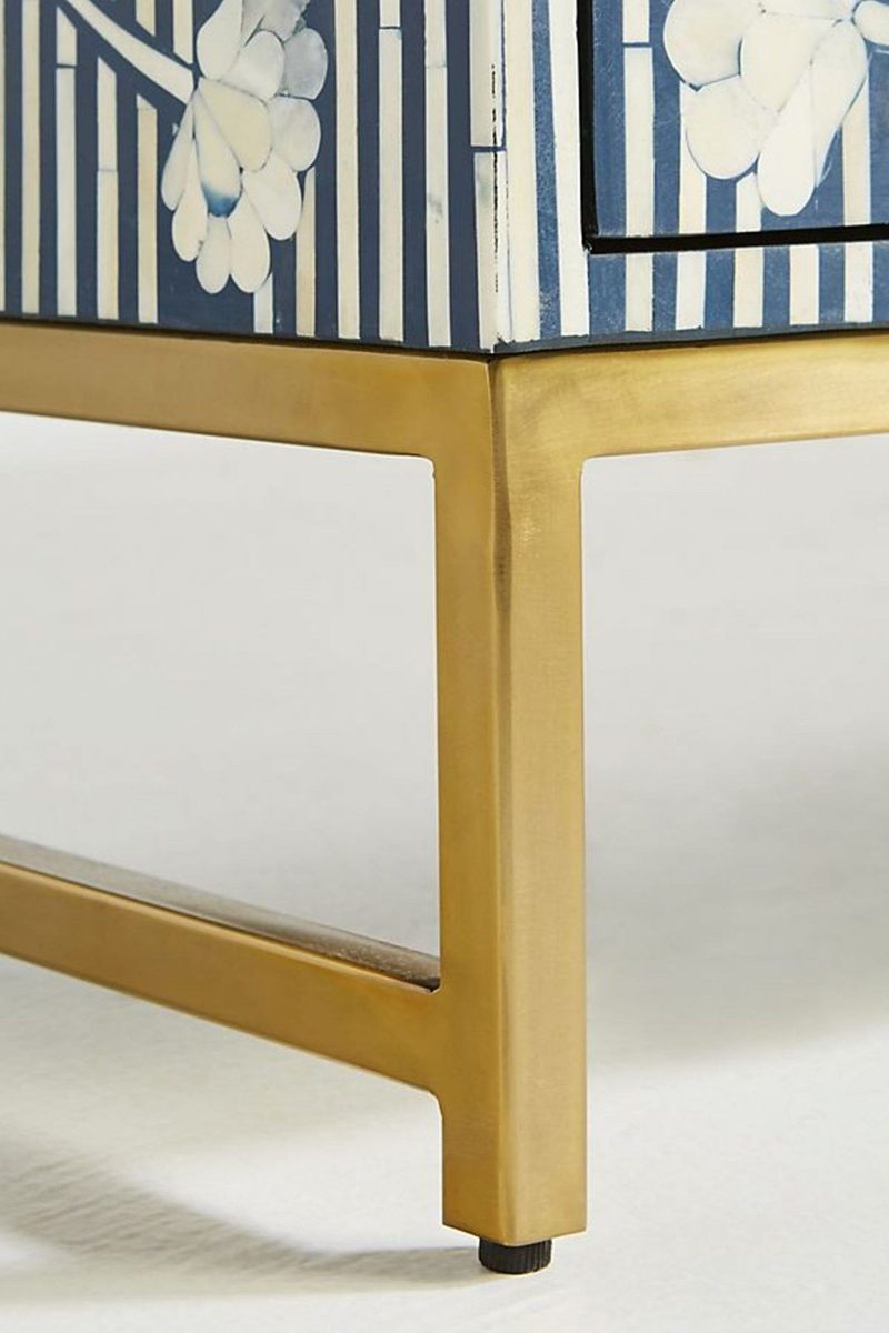 Bone Inlay Chest of 6 Drawers Flower Design Table in Indigo Blue Color thumbnail 4