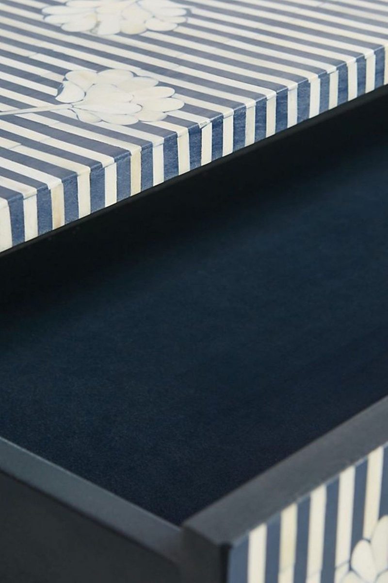 Bone Inlay Chest of 6 Drawers Flower Design Table in Indigo Blue Color thumbnail 5