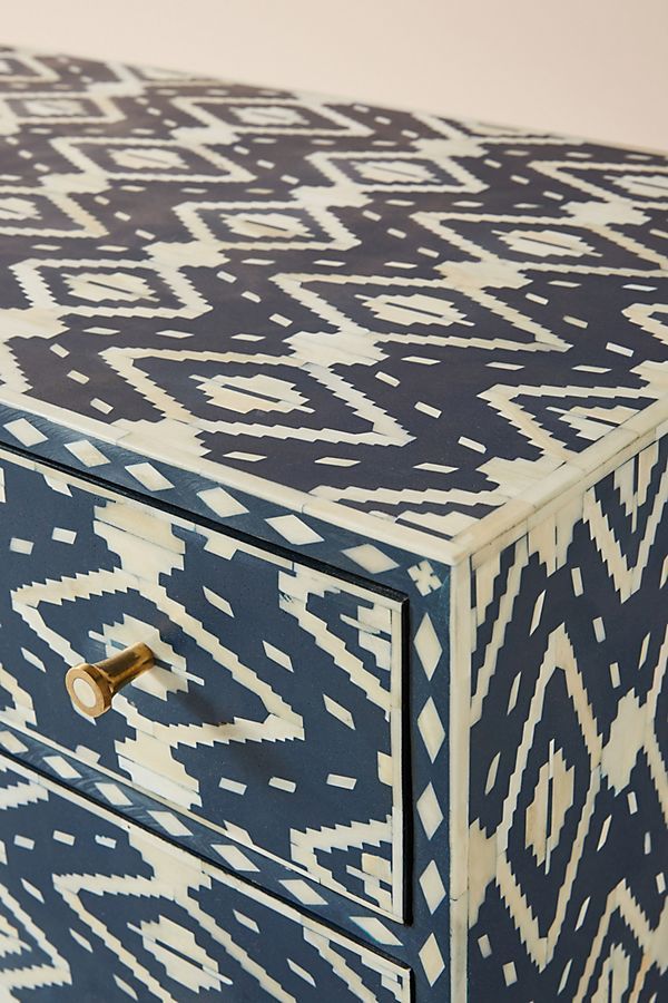 Bone Inlay Chest of 6 Drawers Ikat Design Table in Indigo Blue Color thumbnail 2