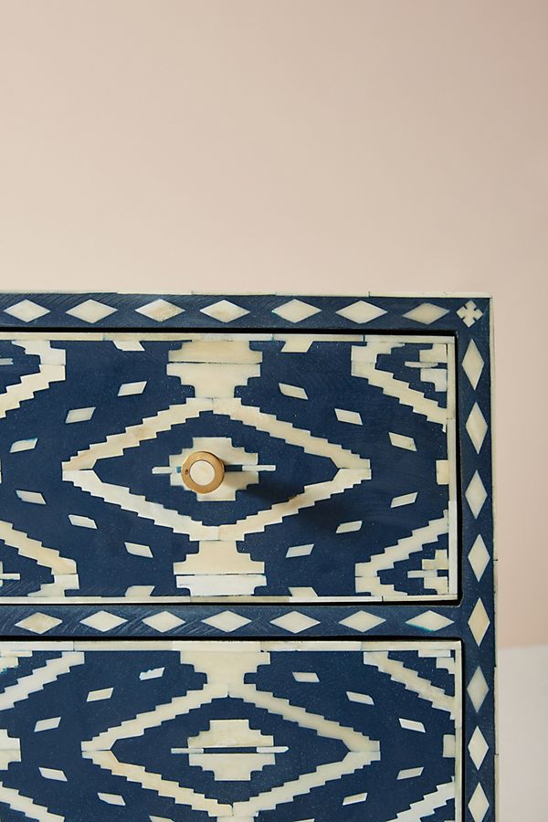 Bone Inlay Chest of 6 Drawers Ikat Design Table in Indigo Blue Color thumbnail 3