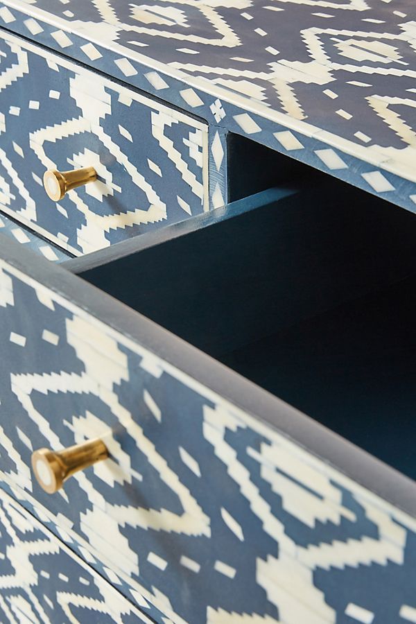 Bone Inlay Chest of 6 Drawers Ikat Design Table in Indigo Blue Color thumbnail 4