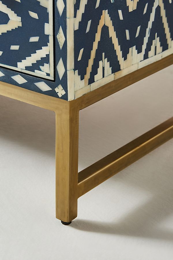 Bone Inlay Chest of 6 Drawers Ikat Design Table in Indigo Blue Color thumbnail 5