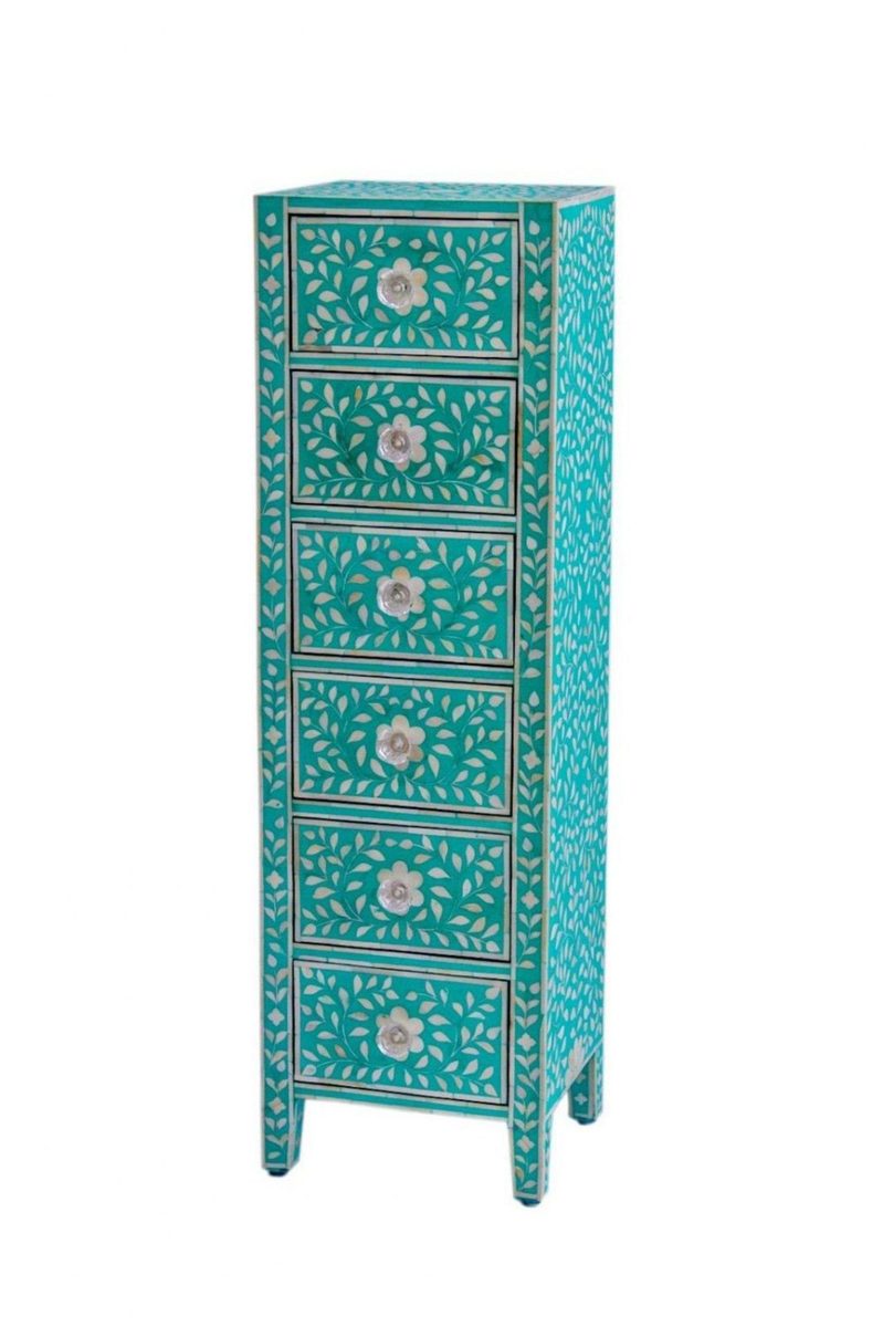 Bone Inlay Chest of 6 Drawers Tall Boy in Teal Green color thumbnail 2