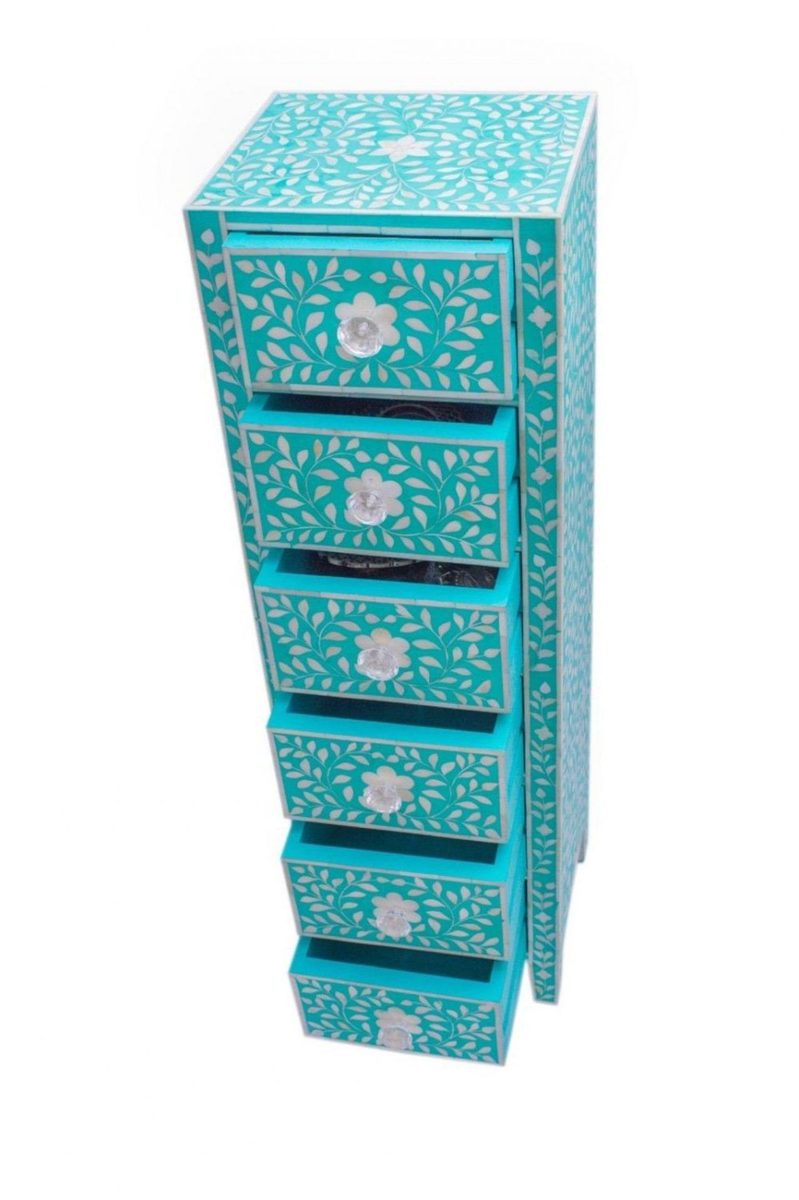 Bone Inlay Chest of 6 Drawers Tall Boy in Teal Green color thumbnail 3