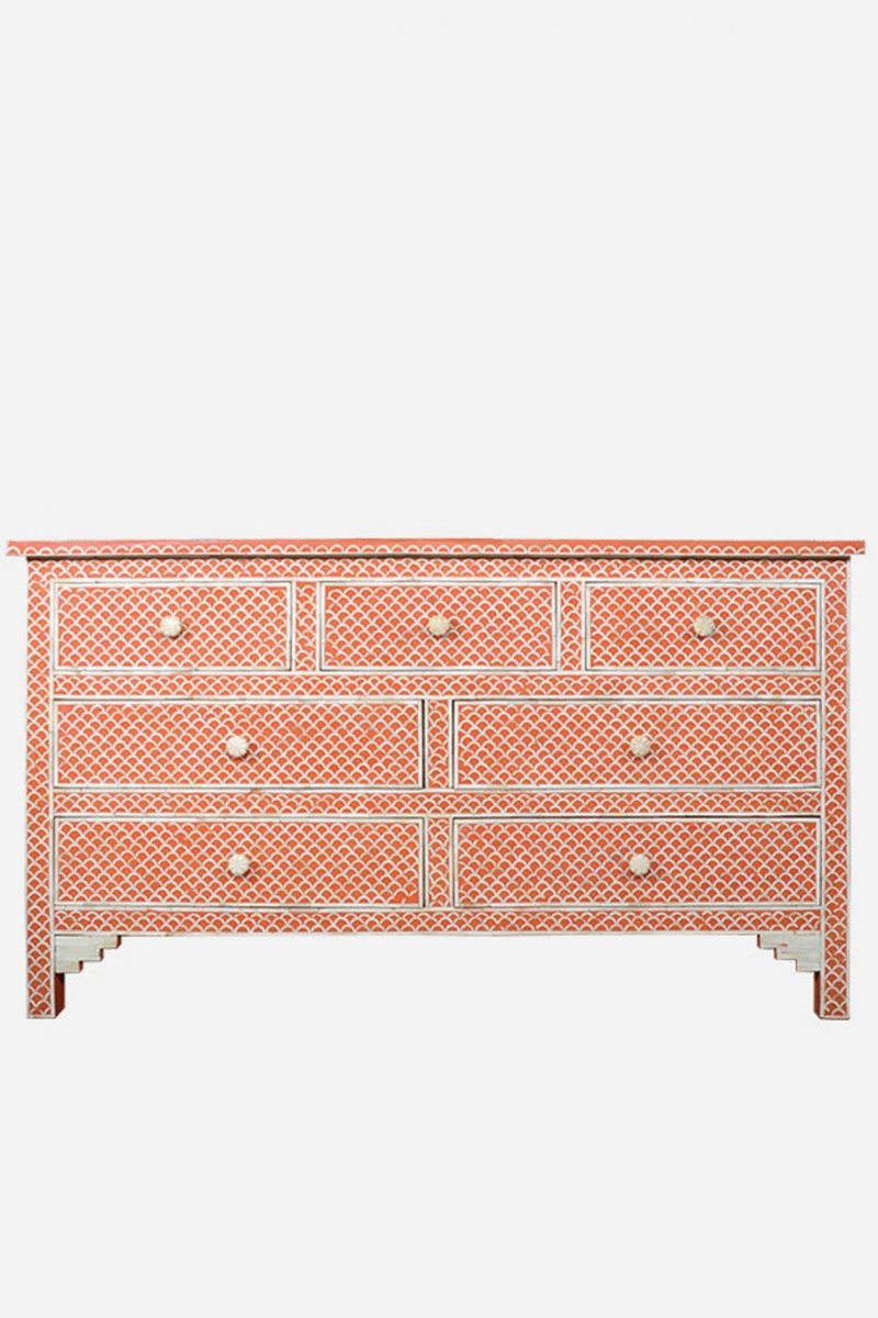 Bone Inlay Chest of 7 Drawers Fish Scale Design in Orange Color