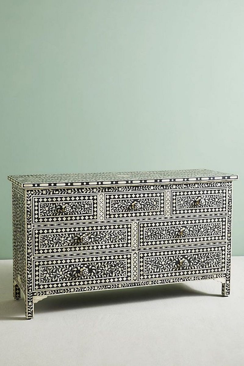 Bone Inlay Chest of 7 Drawers Floral Design in Black Color