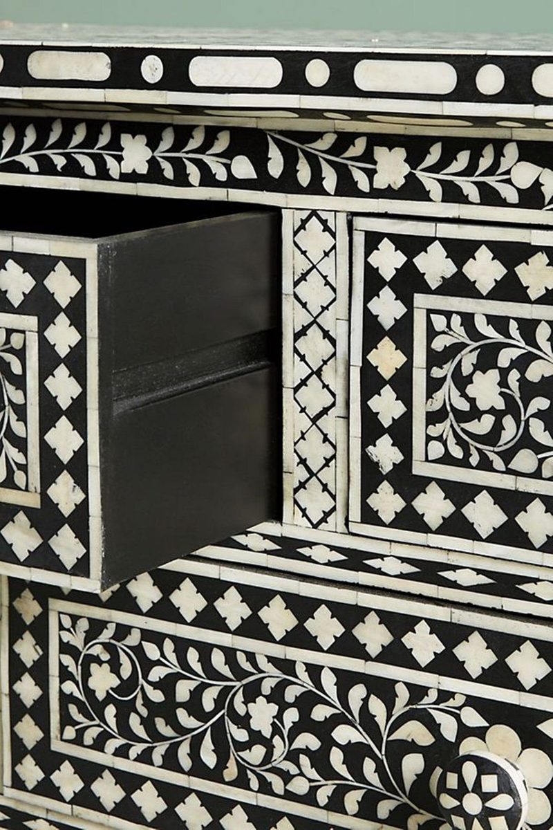 Bone Inlay Chest of 7 Drawers Floral Design in Black Color thumbnail 2