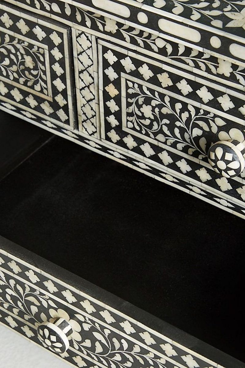 Bone Inlay Chest of 7 Drawers Floral Design in Black Color thumbnail 3
