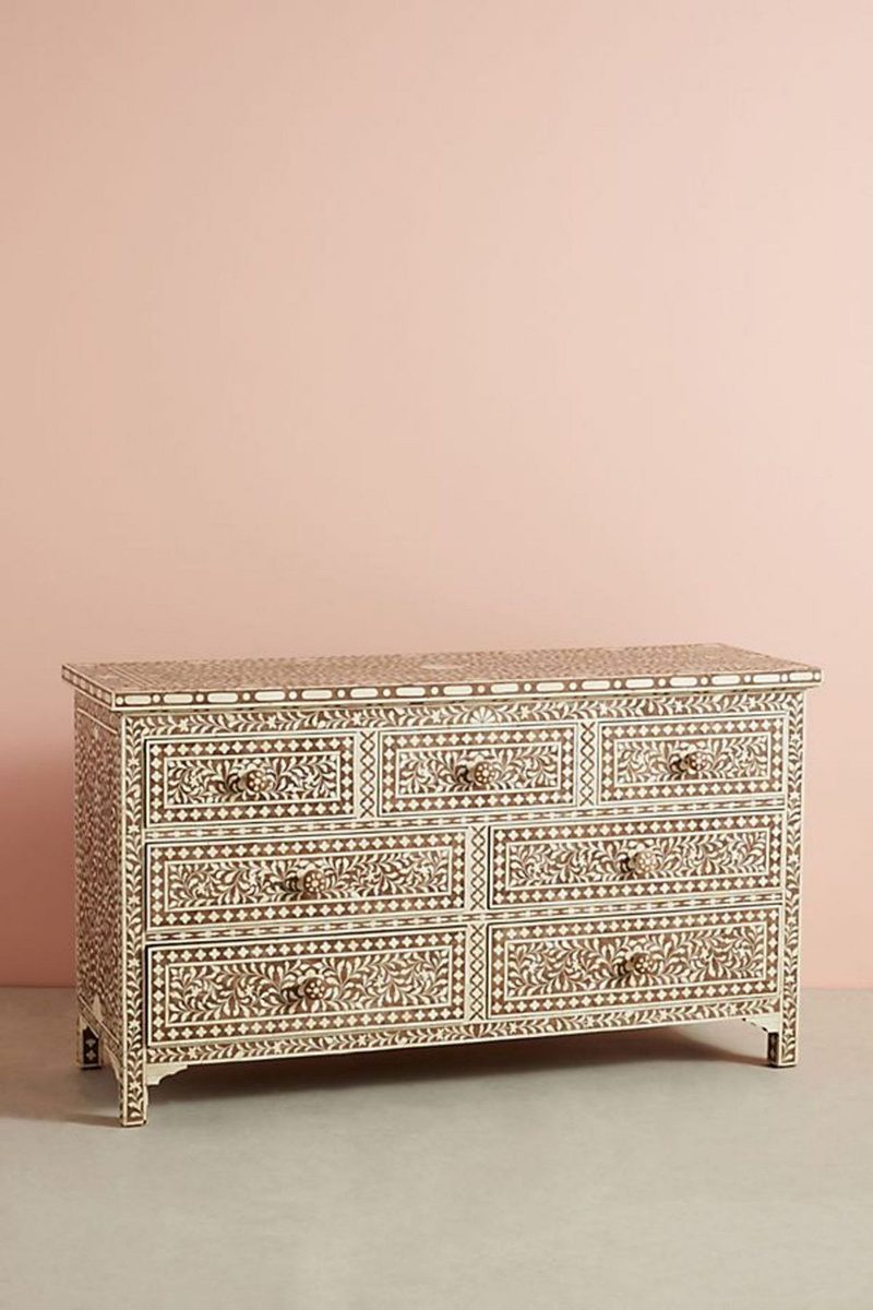 Bone Inlay Chest of 7 Drawers Floral Design in Brown Color thumbnail 2