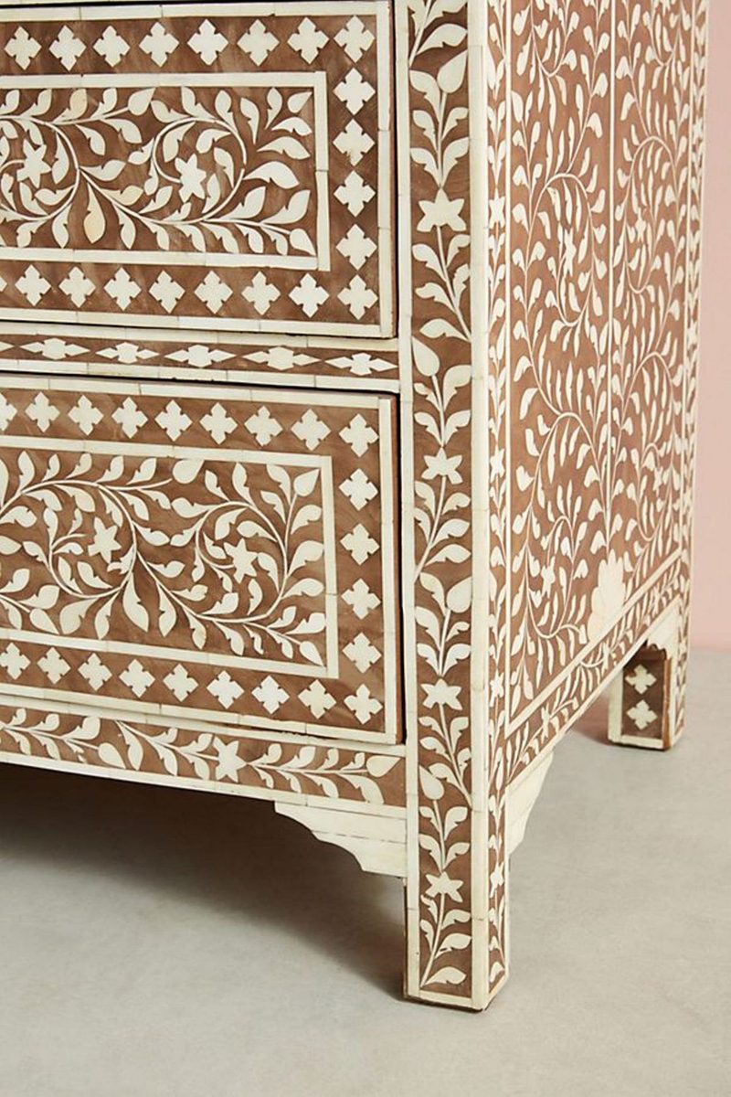 Bone Inlay Chest of 7 Drawers Floral Design in Brown Color thumbnail 3