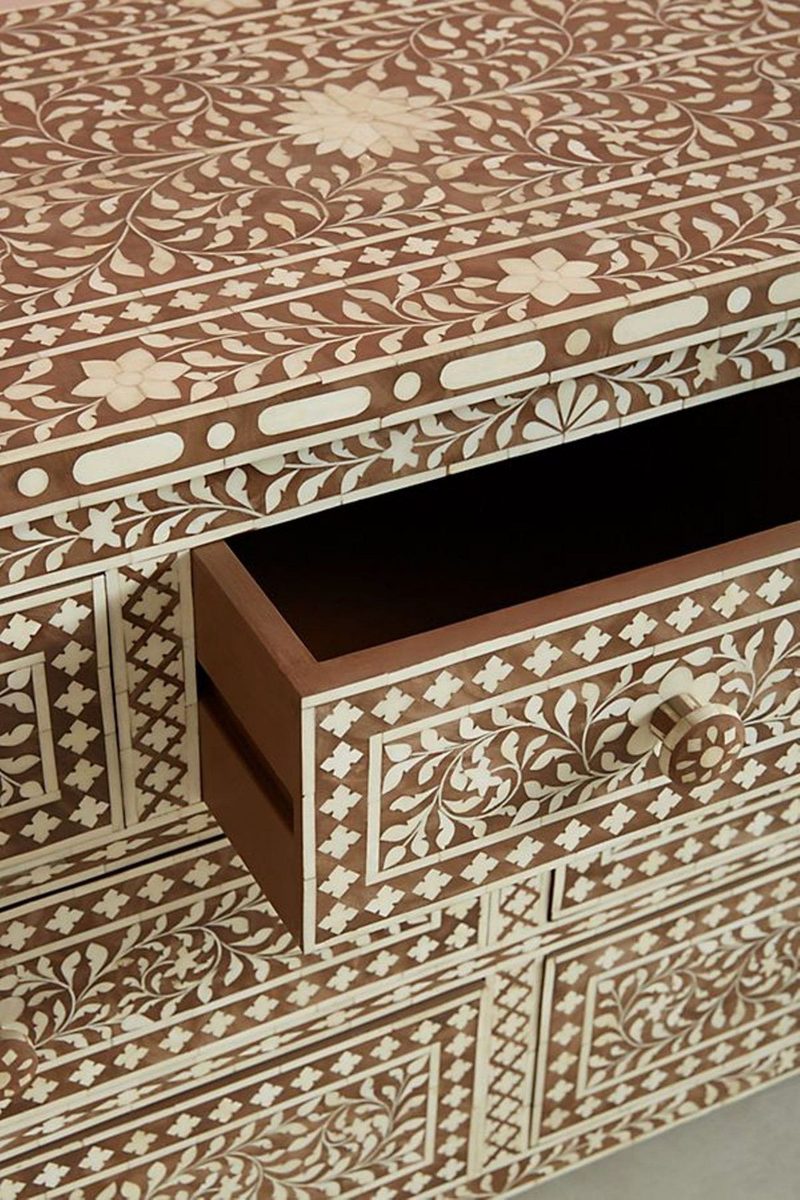 Bone Inlay Chest of 7 Drawers Floral Design in Brown Color thumbnail 4