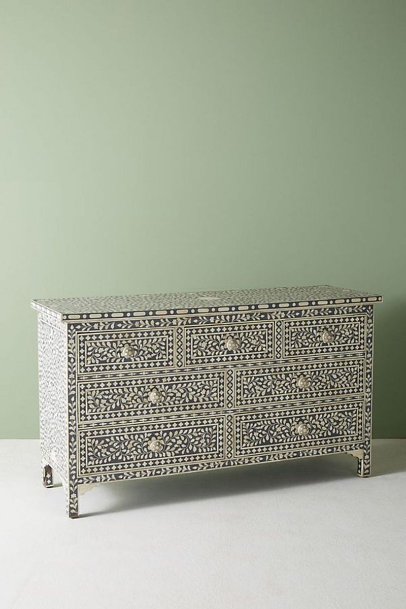 Bone Inlay Chest of 7 Drawers Floral Design in Grey Color