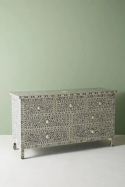 Bone Inlay Chest of 7 Drawers Floral Design in Grey Color