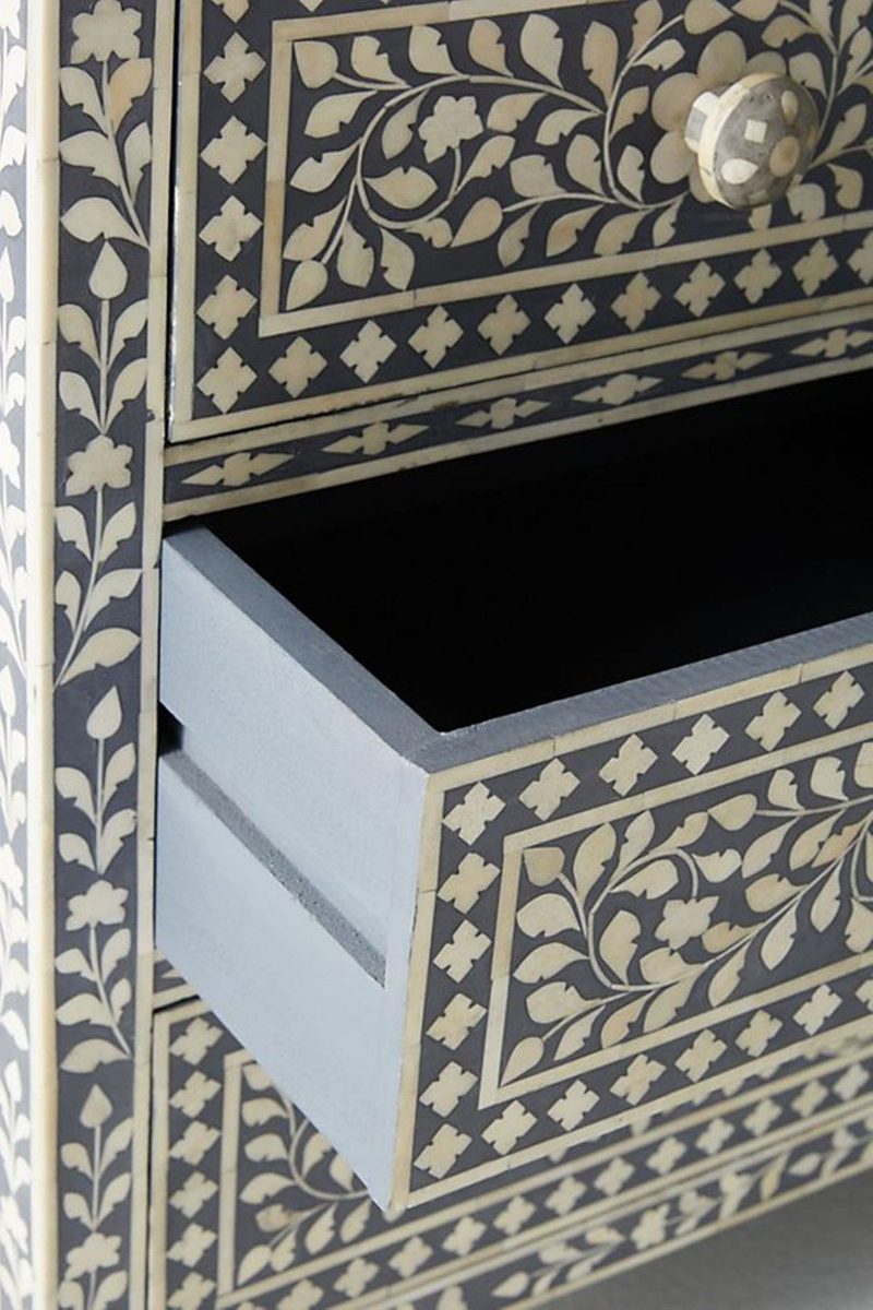 Bone Inlay Chest of 7 Drawers Floral Design in Grey Color thumbnail 2