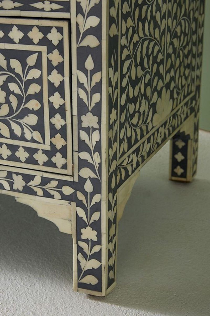 Bone Inlay Chest of 7 Drawers Floral Design in Grey Color thumbnail 3