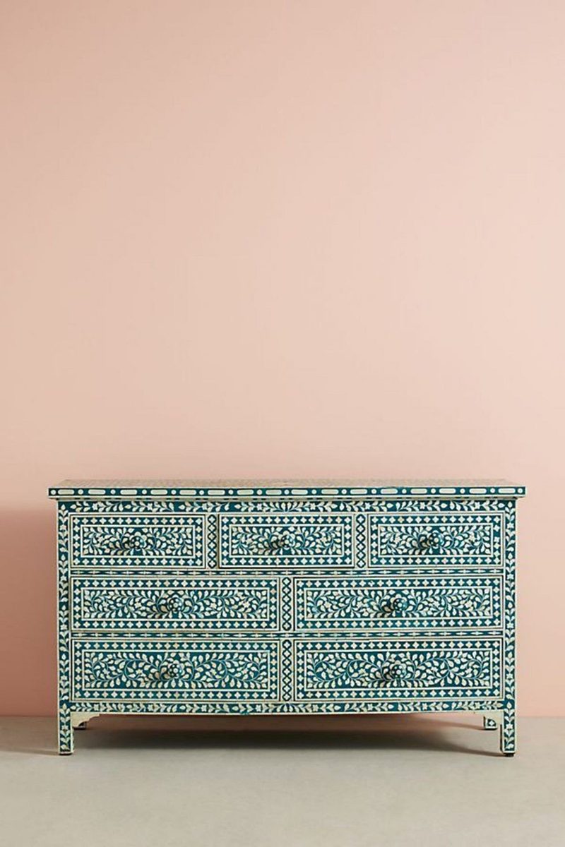 Bone Inlay Chest of 7 Drawers Floral Design in Teal Green Color