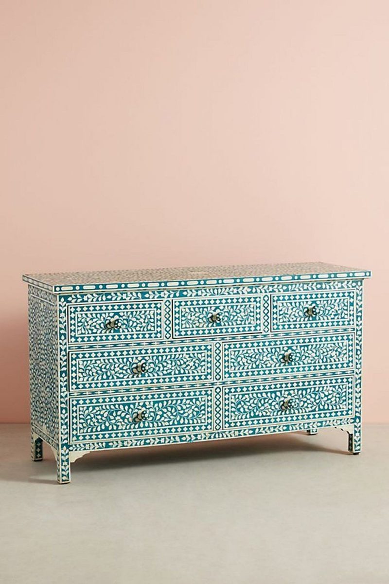 Bone Inlay Chest of 7 Drawers Floral Design in Teal Green Color thumbnail 2