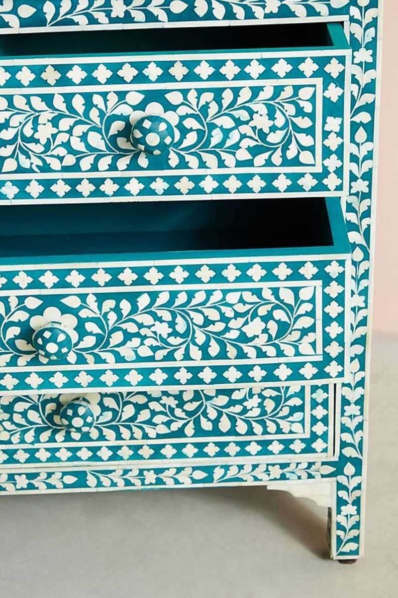 Bone Inlay Chest of 7 Drawers Floral Design in Teal Green Color thumbnail 3