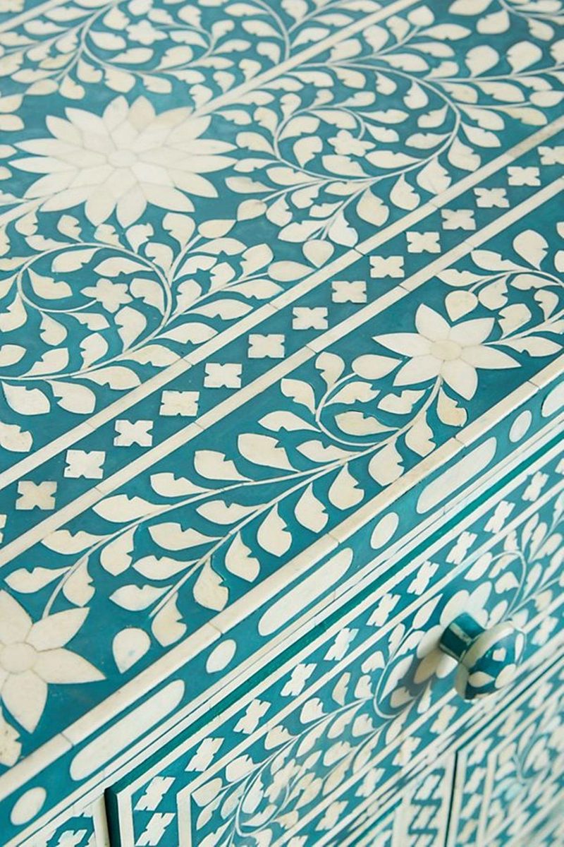Bone Inlay Chest of 7 Drawers Floral Design in Teal Green Color thumbnail 4