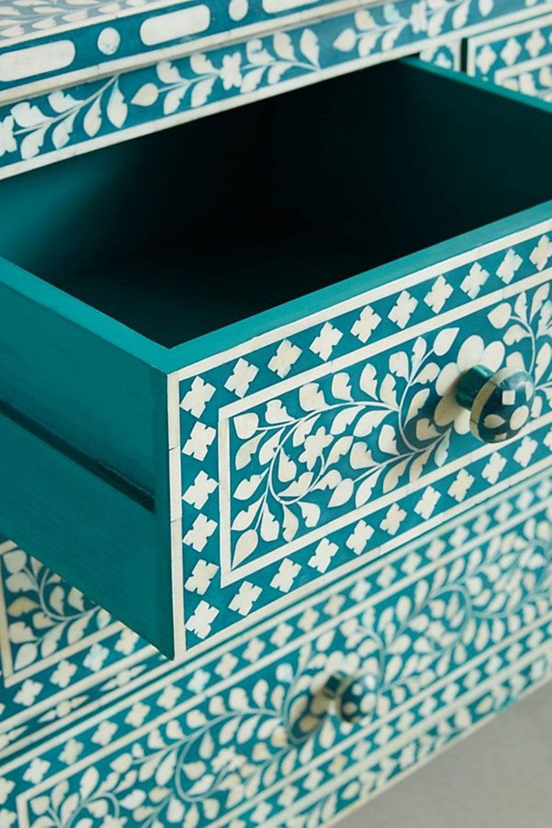Bone Inlay Chest of 7 Drawers Floral Design in Teal Green Color thumbnail 5