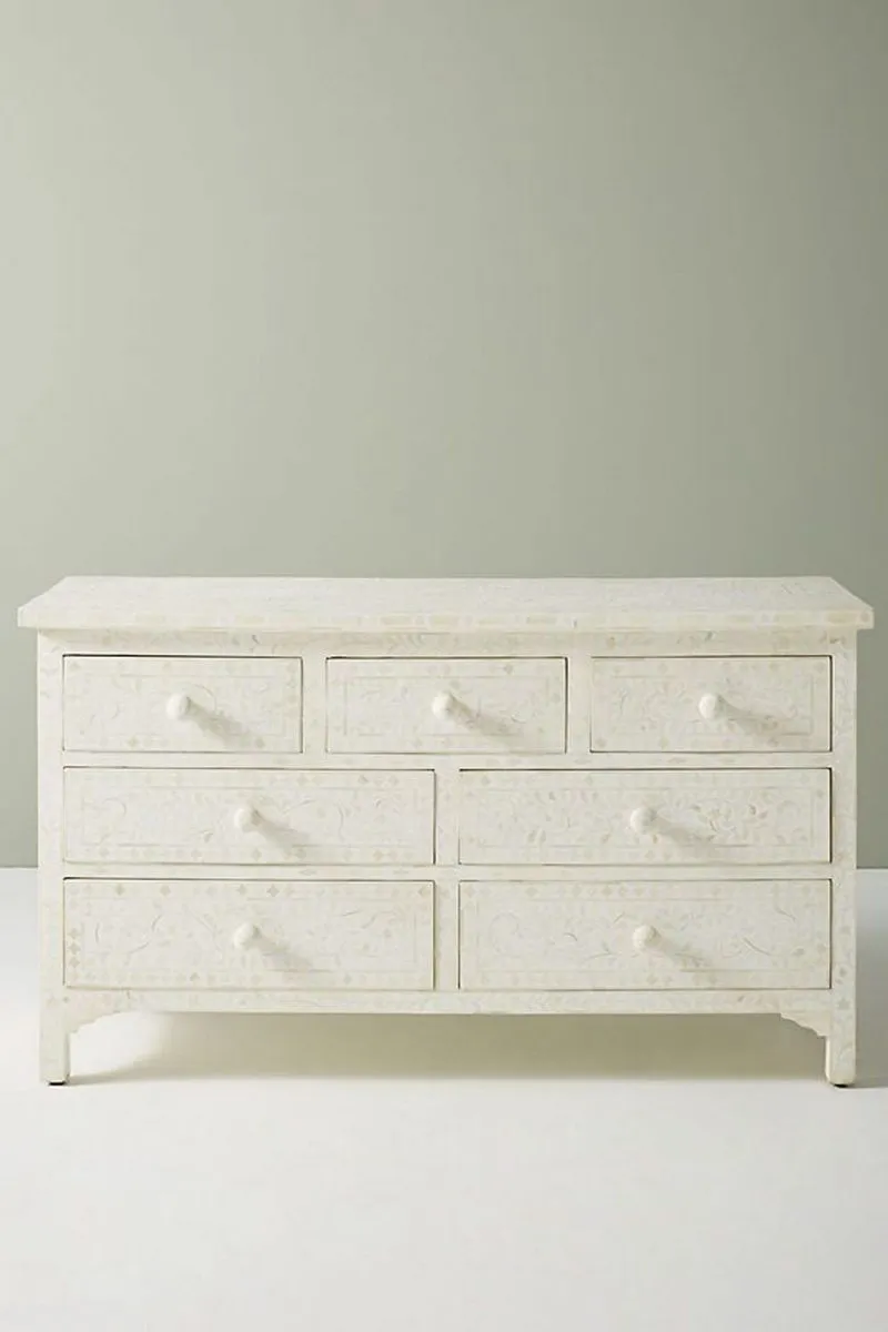 Bone Inlay Chest of 7 Drawers Floral Design in White Color