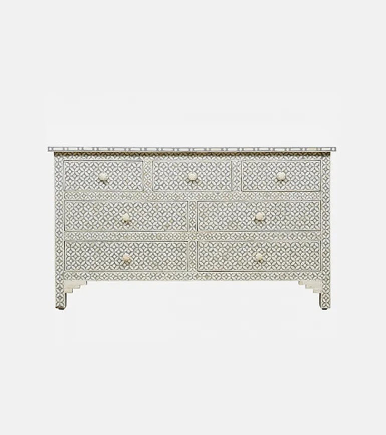 Bone Inlay Chest of 7 Drawers Geometric Design in Grey Color