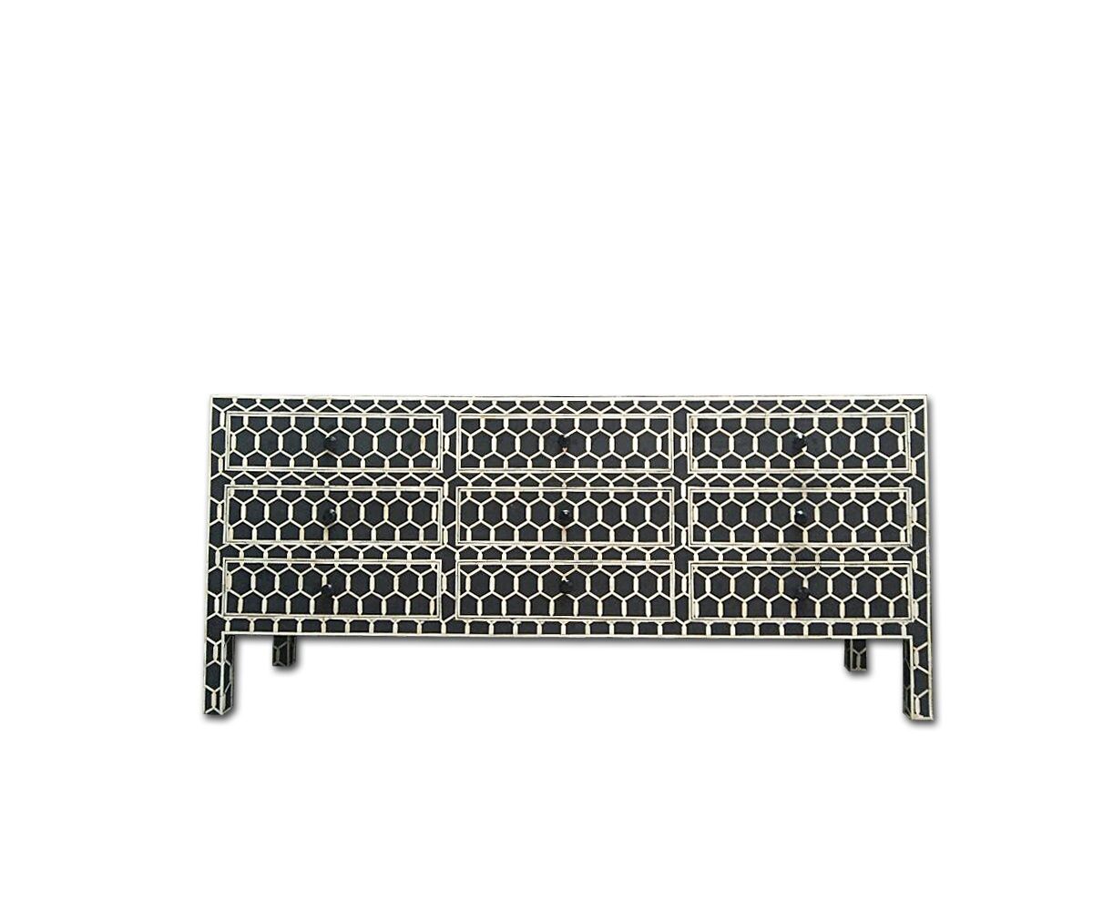 Bone Inlay Chest of 9 Drawers Honeycomb Design in Black Col